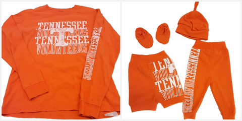orange tennessee long sleeve shirt cut into baby shorts hat and pants